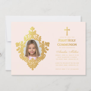 First Communion Girl Foto Elegantes Rosa Imitat Einladung