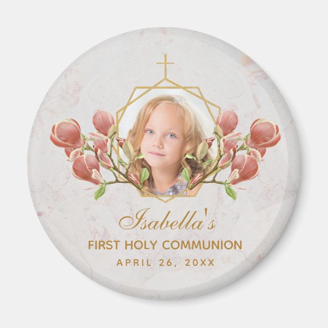 First Communion Girl Foto Floral Pink Magnolia Magnet (Vorne)