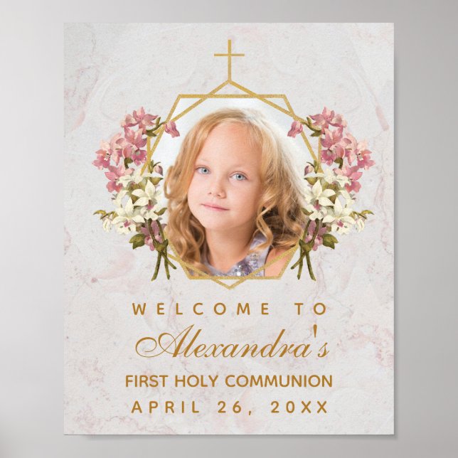 First Communion Girl Foto Pink Orchids Willkommen Poster (Vorne)