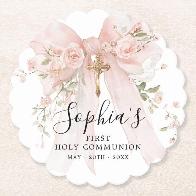 First Communion Girl Pink Bow Roses Custom Untersetzer (Vorderseite)