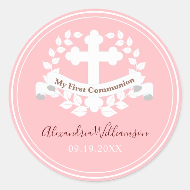 First Communion Girl Pink Classic Round Sticker (Vorderseite)