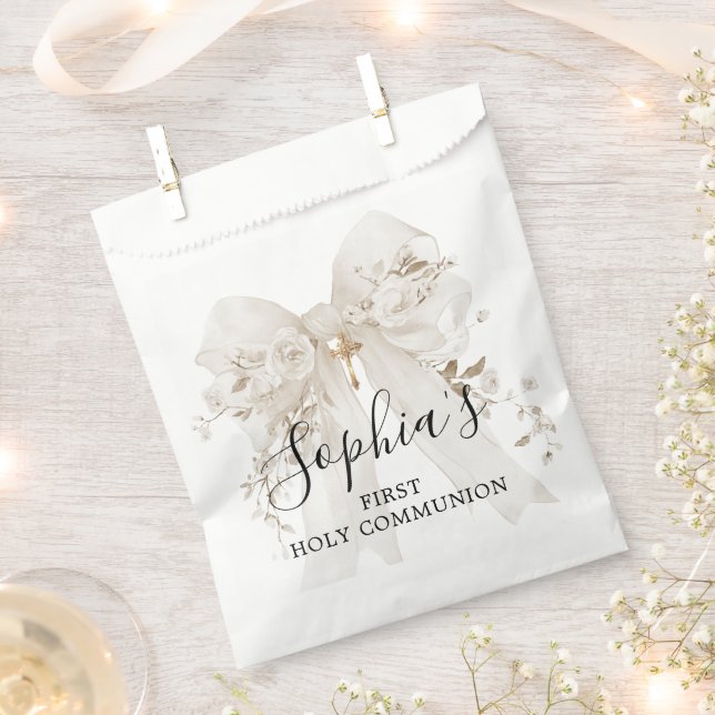 First Communion Girl White Bow Roses Thank You Geschenktütchen (Ausgeschnitten)