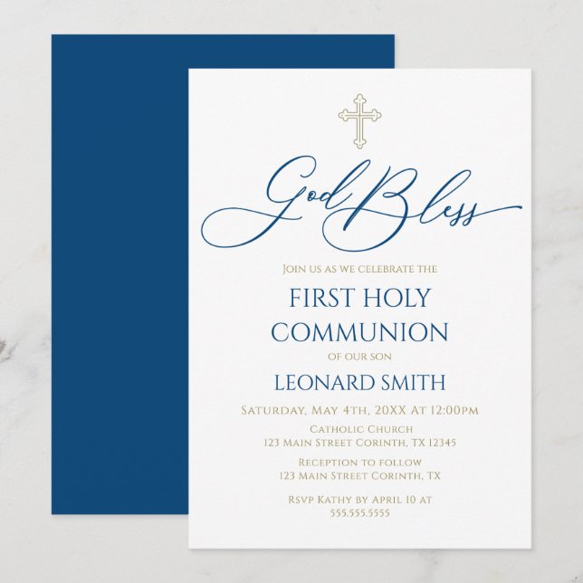 First Communion God Bless Blue Invitation Einladung (Vorne/Hinten)