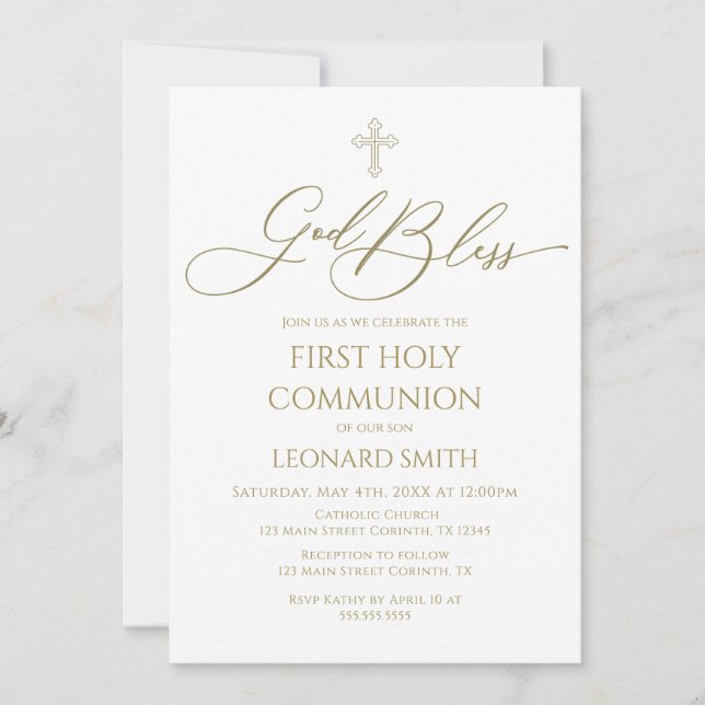 First Communion God Bless gold Invitation Einladung (Vorderseite)