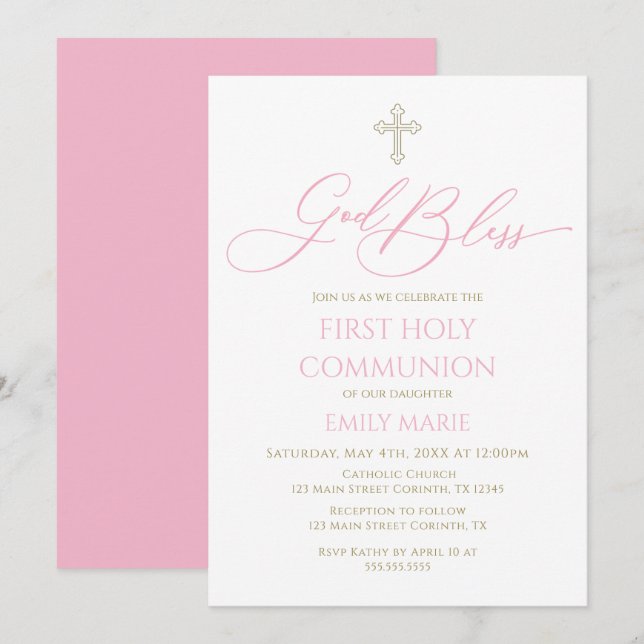 First Communion God Bless pink Invitation Einladung (Vorne/Hinten)