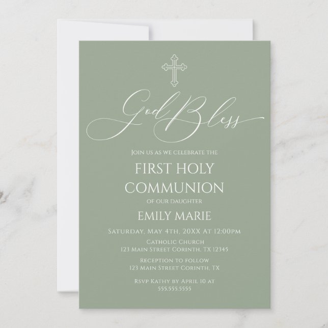 First Communion God Bless Sage Invitation Einladung (Vorderseite)