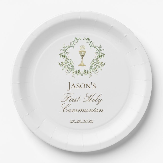 First Communion greenery crest chalice Pappteller (Vorderseite)