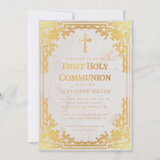 First Communion Imitate Gold Vintage Elegante Marm Einladung (Vorderseite)