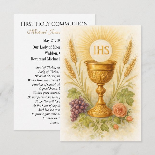 First Communion Keepsake Eucharistic Chalice Card Ankündigung (Vorne/Hinten)
