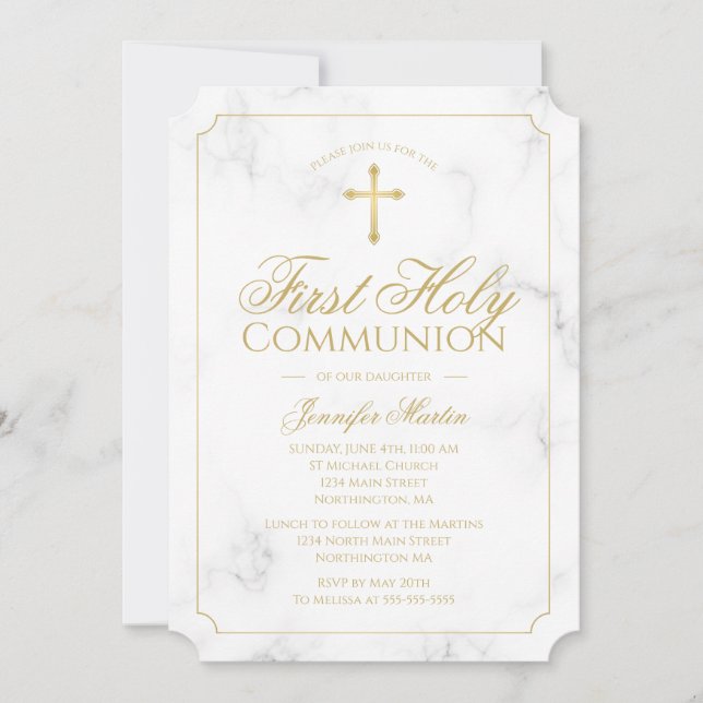 First Communion Marble Elegante Gold Script Girl Einladung (Vorderseite)