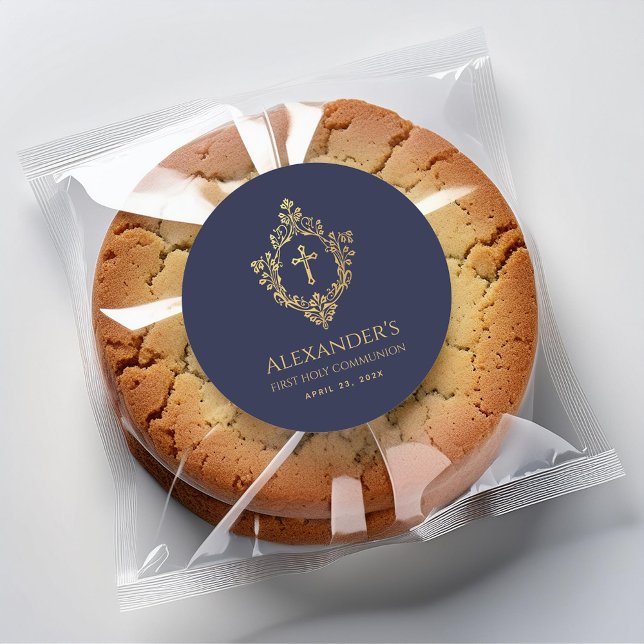 First Communion Navy Blue Gold Wappen Eleganter Ju Runder Aufkleber (Von Creator hochgeladen)