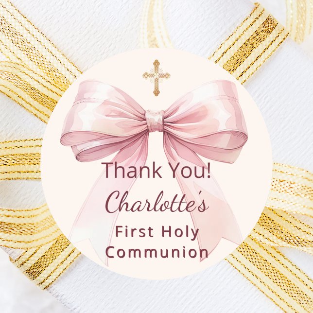 First Communion pink bow ivory cross thank you Runder Aufkleber (Von Creator hochgeladen)