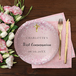 First Communion pink confetti name girl Pappteller