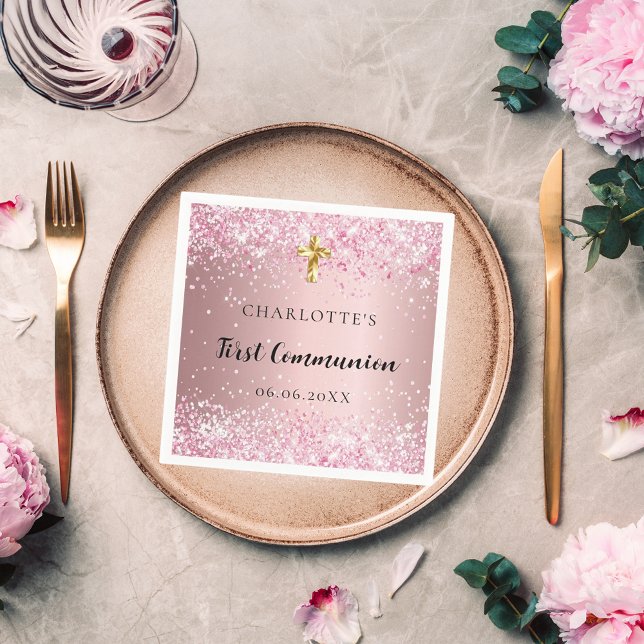 First Communion pink confetti name girl Serviette (Von Creator hochgeladen)