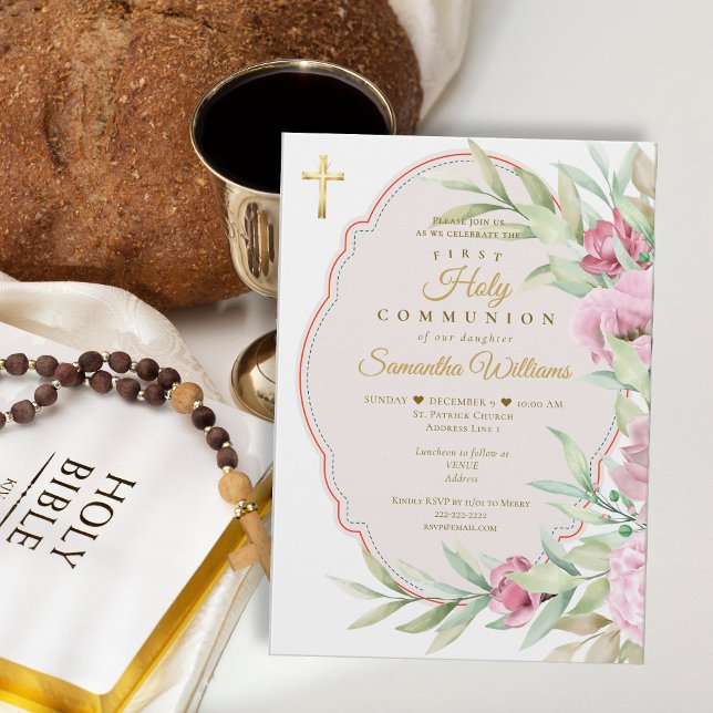 First Communion Pink Floral Watercolor Gold Cross Einladung (Girl First Communion Elegant Pink Floral Watercolor Gold Cross Invitation)