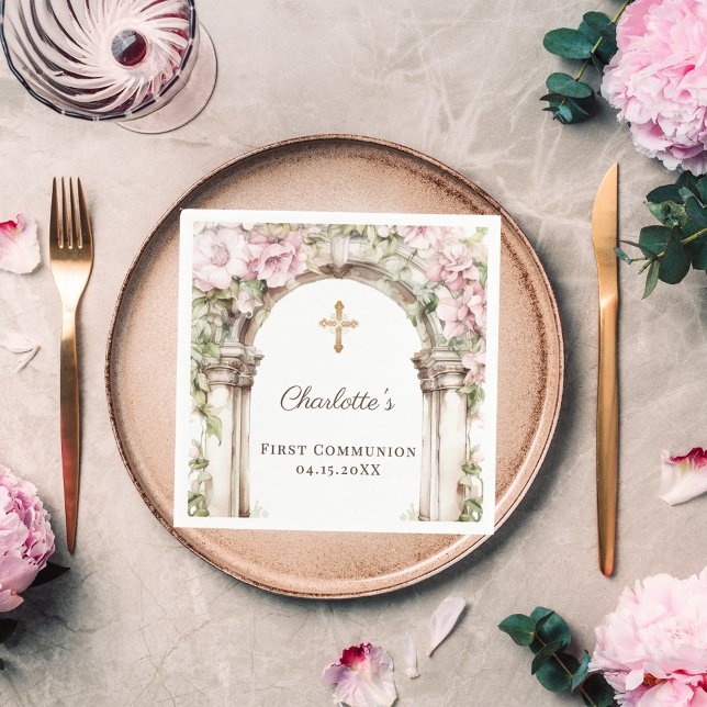 First Communion Pink Florals Arch Cross Luncheon Serviette (Von Creator hochgeladen)