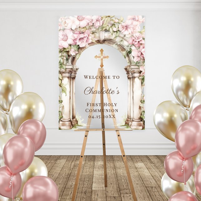 First Communion Pink Florals Arch Cross Welcome Acrylschild (Von Creator hochgeladen)