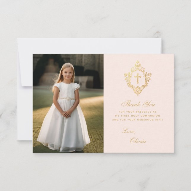 First Communion Pink Gold Elegantes Girl Foto Wapp Dankeskarte (Vorderseite)