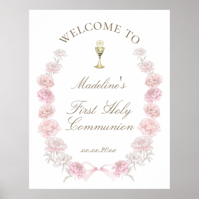 First Communion pink peonies welcome Poster (Vorne)