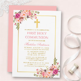 First Communion Watercolor Pink Blush Floral Gold Einladung