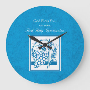 First Communion, Wheat, Grapes Blue Große Wanduhr