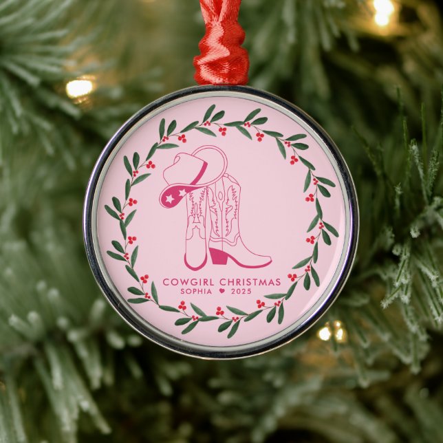 First Cowgirl Weihnachten Pink Cowboy Stiefel Ornament Aus Metall (Baum)