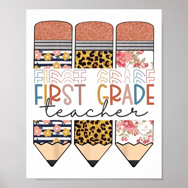 First Grade Teacher Leopard Pencil Happy First Day Poster (Vorne)