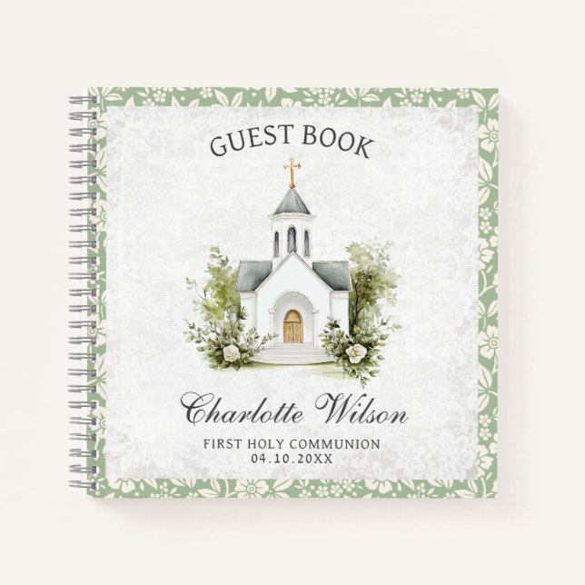 First Holly Communion Floral Church Guest Book Notizbuch (Vorderseite)