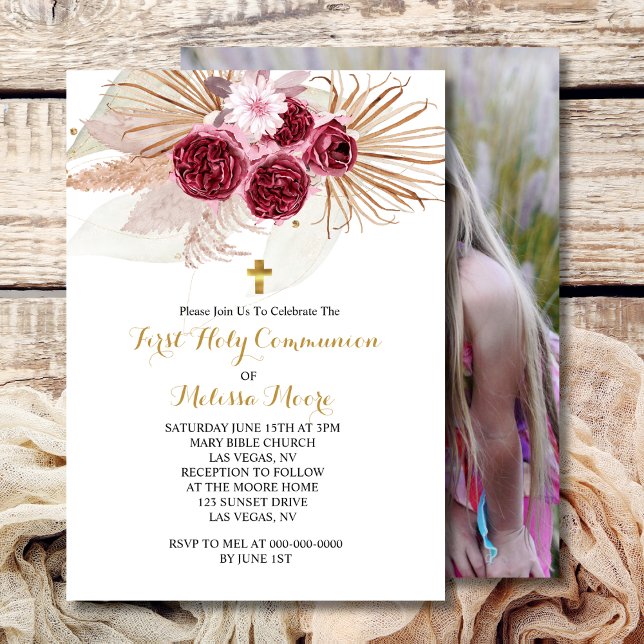 First Holy Communion Boho Burgundy Pampas Grass  Einladung (Von Creator hochgeladen)