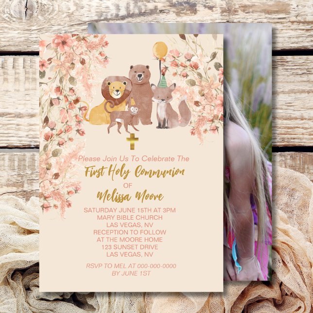 First Holy Communion Boho Safari Blush Pink Photo Einladung (Von Creator hochgeladen)