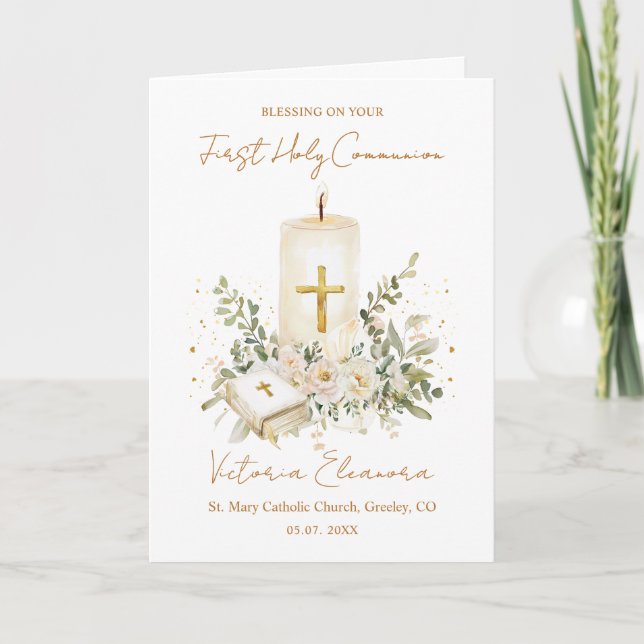 First Holy Communion Candle Bible Greenery Leaves Karte (Vorderseite)