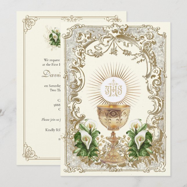 First Holy Communion Chalice Eucharist Calla Lily Einladung (Vorne/Hinten)