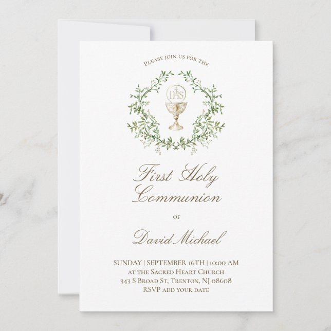 First Holy Communion chalice greenery crest Einladung (Vorderseite)