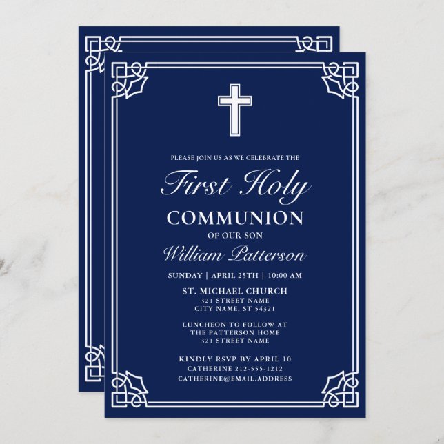 First Holy Communion Elegant Woven Frame Navy Blue Einladung (Vorne/Hinten)