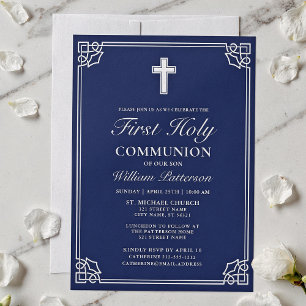 First Holy Communion Elegant Woven Frame Navy Blue Einladung