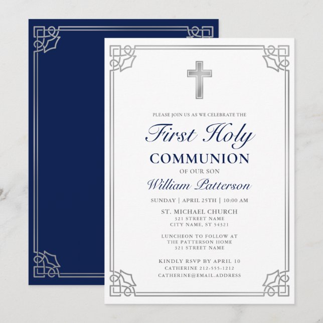 First Holy Communion Elegant Woven Silver Frame Einladung (Vorne/Hinten)