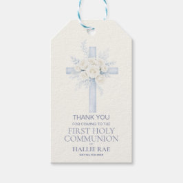 First Holy Communion Favor Tag, Blue Floral Cross Geschenkanhänger