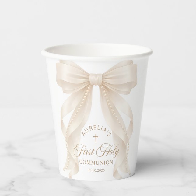 First Holy Communion Pearl Bow Paper Cups Pappbecher (Vorderseite)
