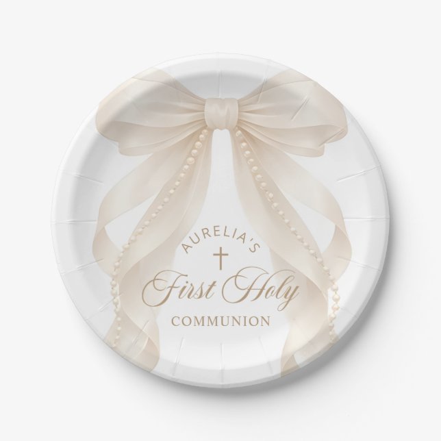 First Holy Communion Pearls Bow Paper Plates Pappteller (Vorderseite)