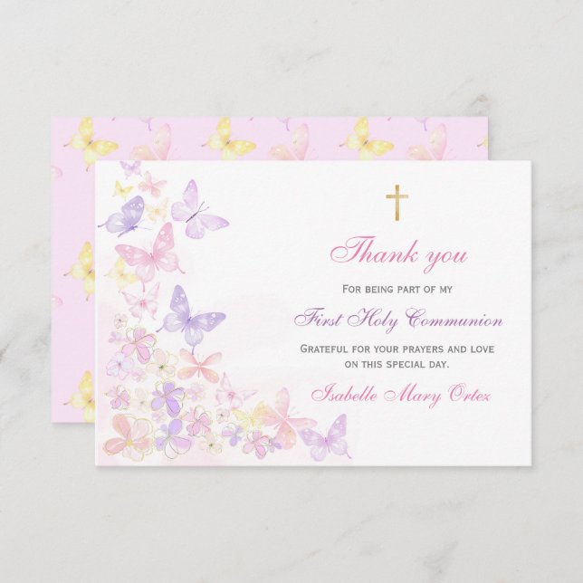 First Holy Communion Pink Butterfly Girl Danke (Vorne/Hinten)