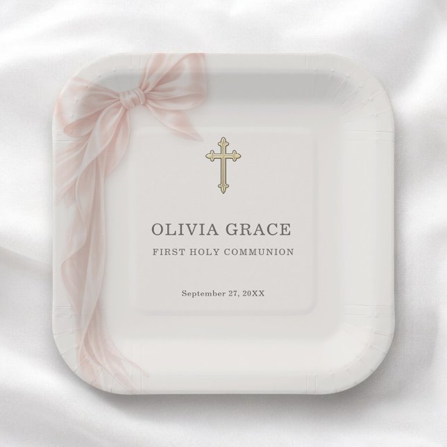 First Holy Communion Pink Coquette Bow Girl  Pappteller (Von Creator hochgeladen)