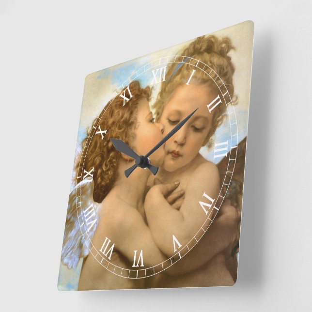 First Kiss (Engeldetails) von Bouguereau Quadratische Wanduhr (Winkel)