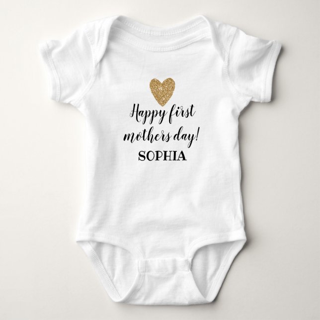 First Mthers Day Baby Girl Heart Gold Glitzer Baby Strampler (Vorderseite)