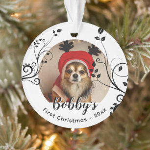 First Puppy Christmas Black Foliage Dog Name Foto Ornament