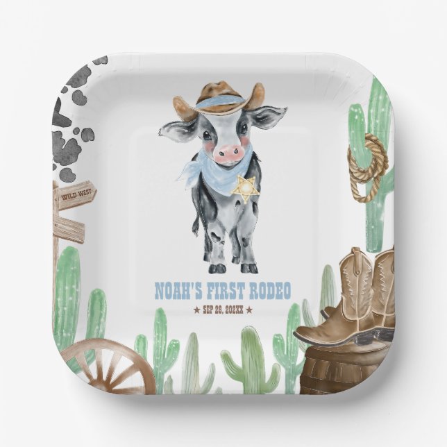 First Rodeo 1st Birthday Baby Cow Pappteller (Vorderseite)