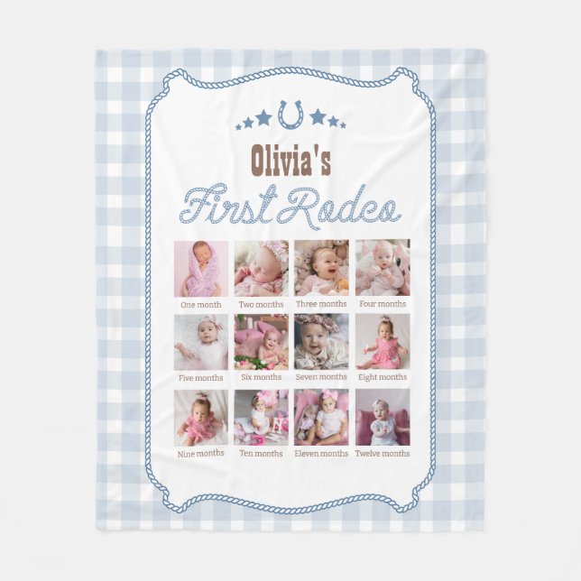 First Rodeo 1st Birthday Blue Western Photo Sign Fleecedecke (Vorderseite)