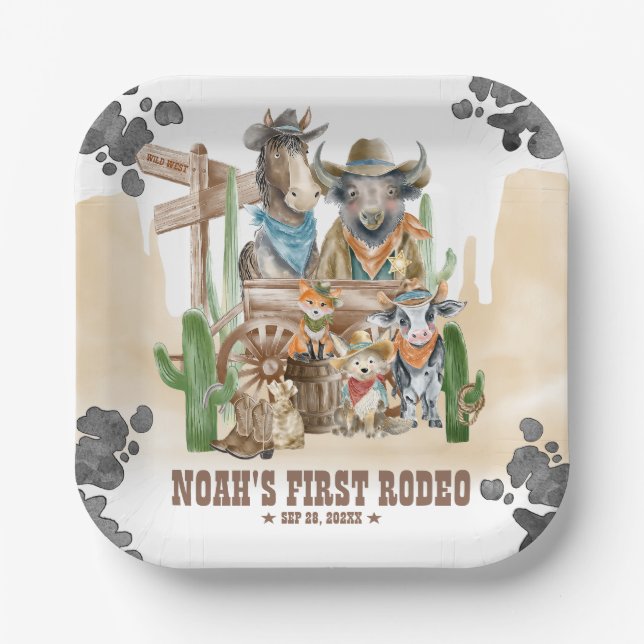 First Rodeo 1st Birthday Cute Animals Wild West Pappteller (Vorderseite)