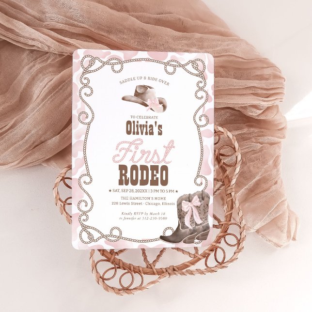 First Rodeo 1st Birthday Girl Dusty Pink Cow Print Einladung (Von Creator hochgeladen)