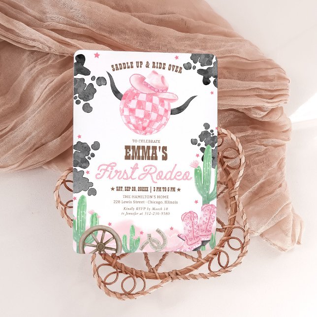 First Rodeo 1st Birthday Pink Boho Wild West Girl Einladung (Von Creator hochgeladen)