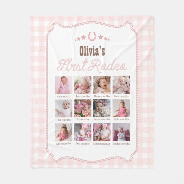 First Rodeo 1st Birthday Pink Western Photo Sign Fleecedecke (Vorderseite)